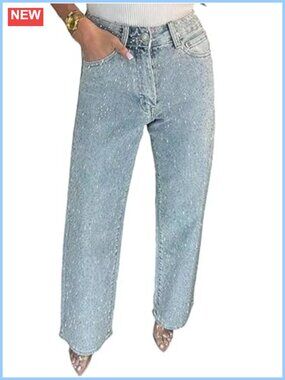 Sparkly Rhinestone High Waisted Straight Leg Jeans Women's Denim Look Pants